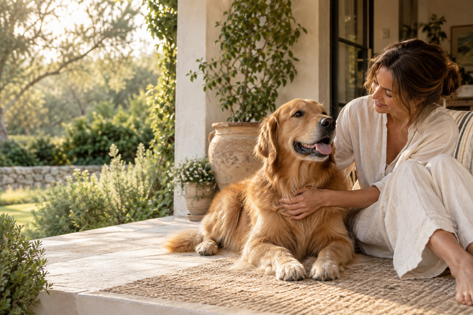 An owner and golden retriever sharing a quiet moment