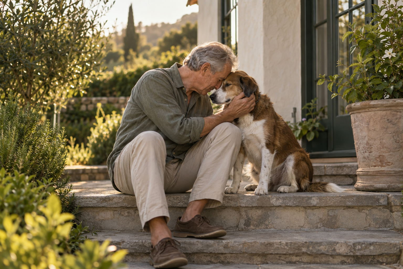 A man and his dog sharing an affectionate moment